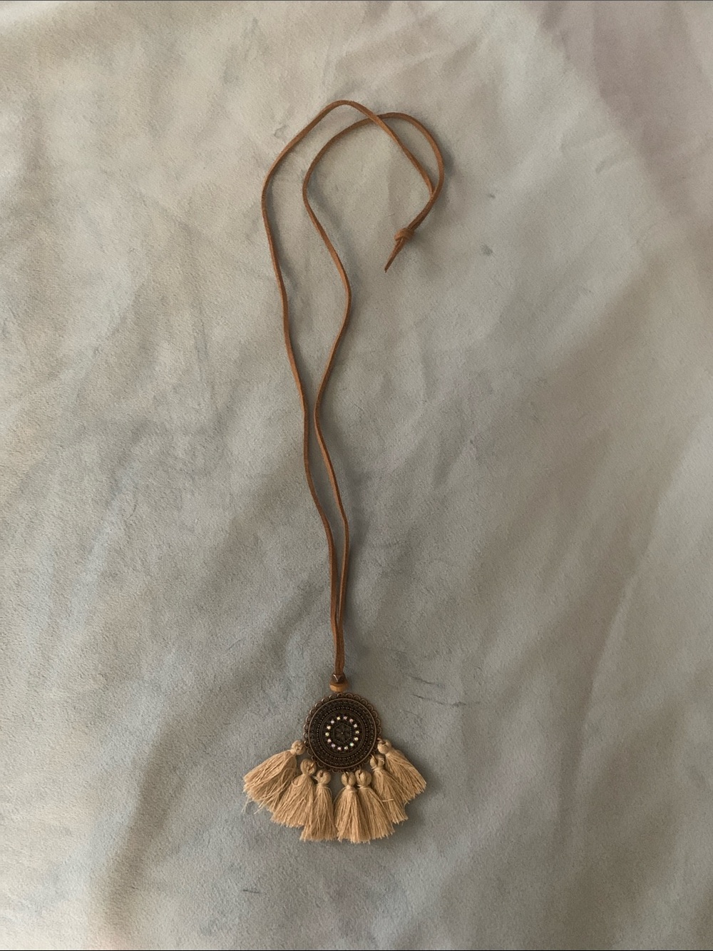 Tassel Medallion Pendant Necklace in Tan and Cream